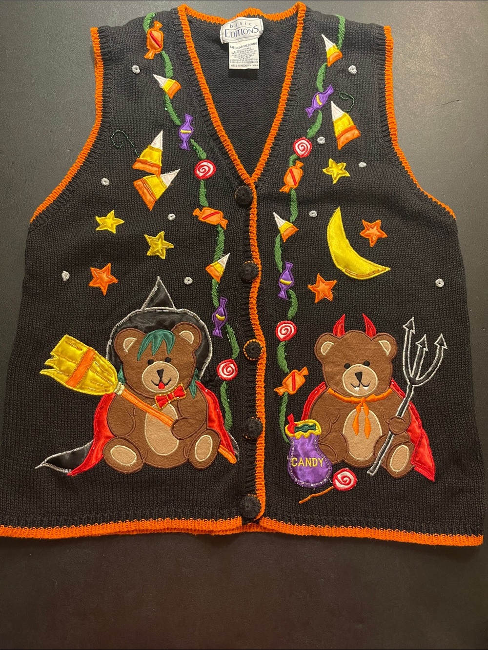 Basic Editions Medium Halloween Bear Costume Sweater Vest Candy Corn Devil Witch